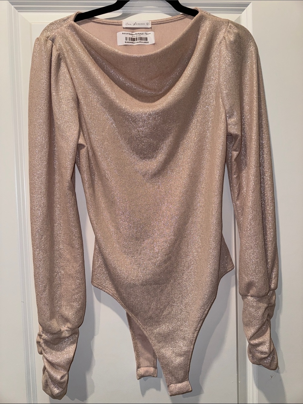 Ces Femme Shimmer Cowl Neck Long-Sleeve Bodysuit - Blush Champagne
